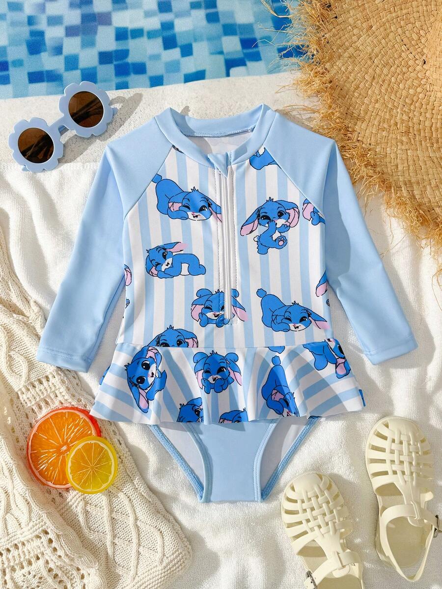 SHEIN Traje de baño de una pieza con protección solar para bebé niña, traje de baño de manga larga con cremallera y estampado de perro alienígena con volantes lindos, traje de baño de manga larga para bebé niña, traje de baño con protección solar para bebé niña, traje de baño con protección solar para bebé niña, traje de baño con protección solar para bebé niña, traje de baño para bebé niña - Azul - Ver 1