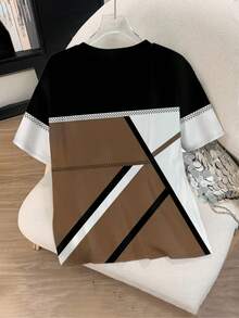 INAWLY Women's Plus Comfort Patchwork Color Block Full Print Short Sleeve T-Shirt - Multicolor - View 2