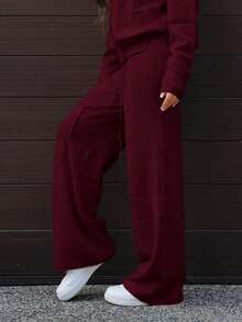 SAYEHFBABY Damen Lässig Alltags Pendler einfache unifarbene Loose Fit Pullover, Drop-Shoulder, weite Sweathose Set, Herbst/Winter - Bordeaux - Übersicht 5