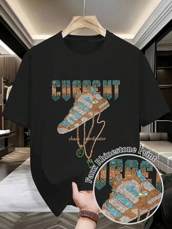 Camiseta de hombre con estampado de taladro falso caliente, con patrón de letras y zapatos, camiseta de moda, camiseta estética, regalo para hermanos, regalo para papá, regalo para el Día del Padre, camiseta de moda casual y sencilla