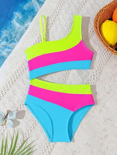 Young Girl One-Piece Swimsuit, Fashionable Color Blocking Beach Party Summer Vacation