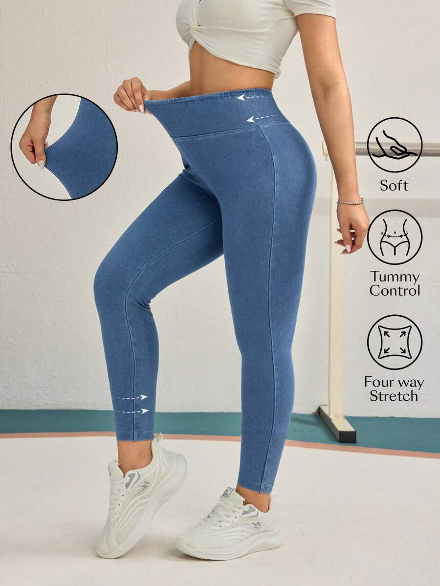 Flexra 女士高腰修身休闲浅蓝色针织牛仔裤 - 淺色水洗藍 - 查看 1