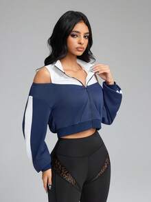 Innovista Contrast Color Splice Off-Shoulder Cropped Sports Jacket Women's Navy White Colorblock Cropped Knit Sports Jacket Zip Up Loose Fit Baggy Workout Top With Shoulder Cut Out Design Lightweight Fall Athleisure Running Cycling HIIT Office To Gym Daily Casual Oversized Hip Hop Relaxed Style Blouse Gym Blouses For Women Royal Blue Top Navy Blue Top