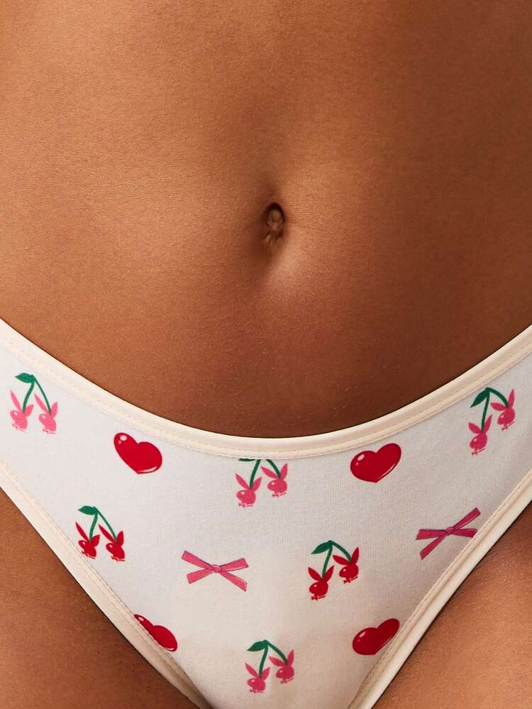 Missguided x Playboy Cherry Heart Print High Waisted Thong Stretch Panties Women Intimate Underwear Brief Cute Fruity Pattern Summer