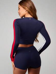 Missguided x Playboy Long Sleeve Bunny Logo Crop Top With Side Stripe Detailing Athletic Fitness Training Performance Wear - Blue - View 2