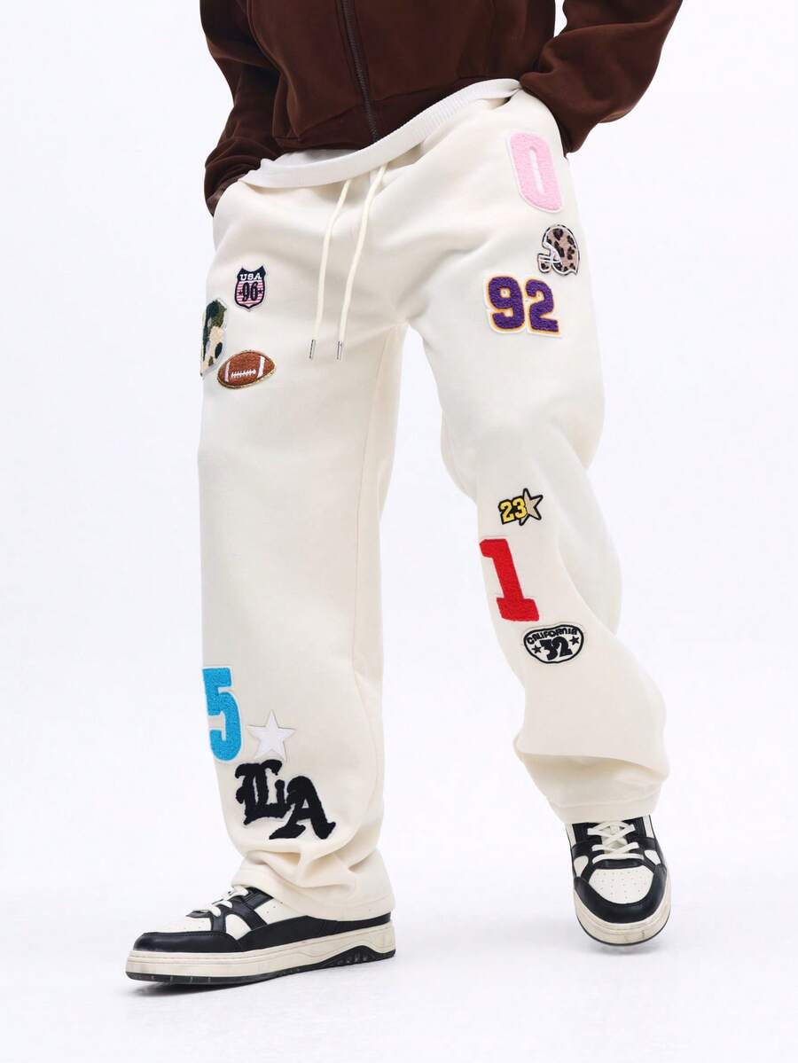 SUMWON Badge Decorated Fleece Sweatpants With Sports And Varsity Number Patches Drawstring Waist Casual Lounge Pants - Apricot - View 1