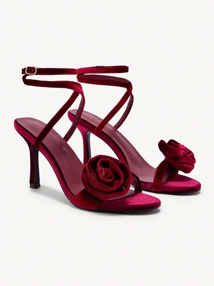 CUCCOO CHICEST Burgundy Rose Floral Embellished Pointed Toe Stiletto High Heel Sandals, Elegant Lady Sexy Romantic Ankle Strap Velvet Dress Sandals For Party, Date, Runway, Formal Occasions, Valentine's Day For Christmas Elegant Shoes Wedding Shoes Summer Shoes Bride Shoes