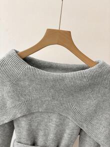 GlowEve 秋冬新款金属扣腰带收腰披肩领长袖休闲舒适优雅毛衣开衫女款适合多种场合 - 灰色 - 查看 5