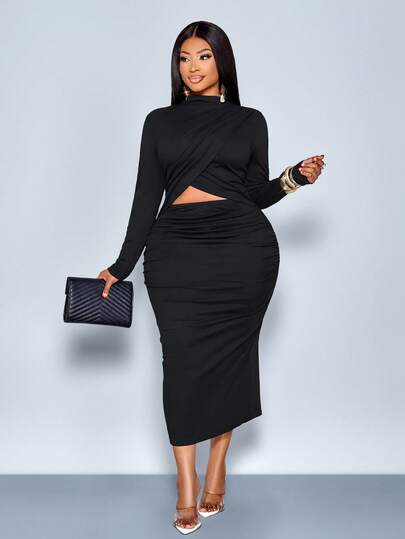 SOLERSUN Plus Size Women's Solid Color Simple Casual Cut-Out Long Sleeve Dress Maxi Women Outfit Fall Cloth For Women,Sexy Dress,Party Dress,Prom Dress,Black Dress
