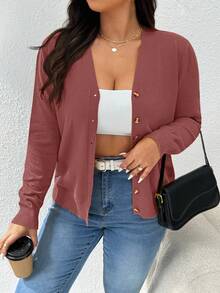 CosyJoli Áo khoác cardigan dài tay màu vàng cơ bản thường ngày cỡ lớn dành cho nữ - Màu Hồng  San hô - Xem 8