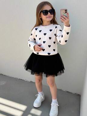 Elladie kids Set de 2 piezas de sudadera de manga larga y falda de malla para niñas pequeñas, sudadera de cuello redondo con estampado de corazón en tela acanalada color albaricoque combinada con falda de malla negra, estilo dulce y juguetón para jugar al aire libre o uso casual