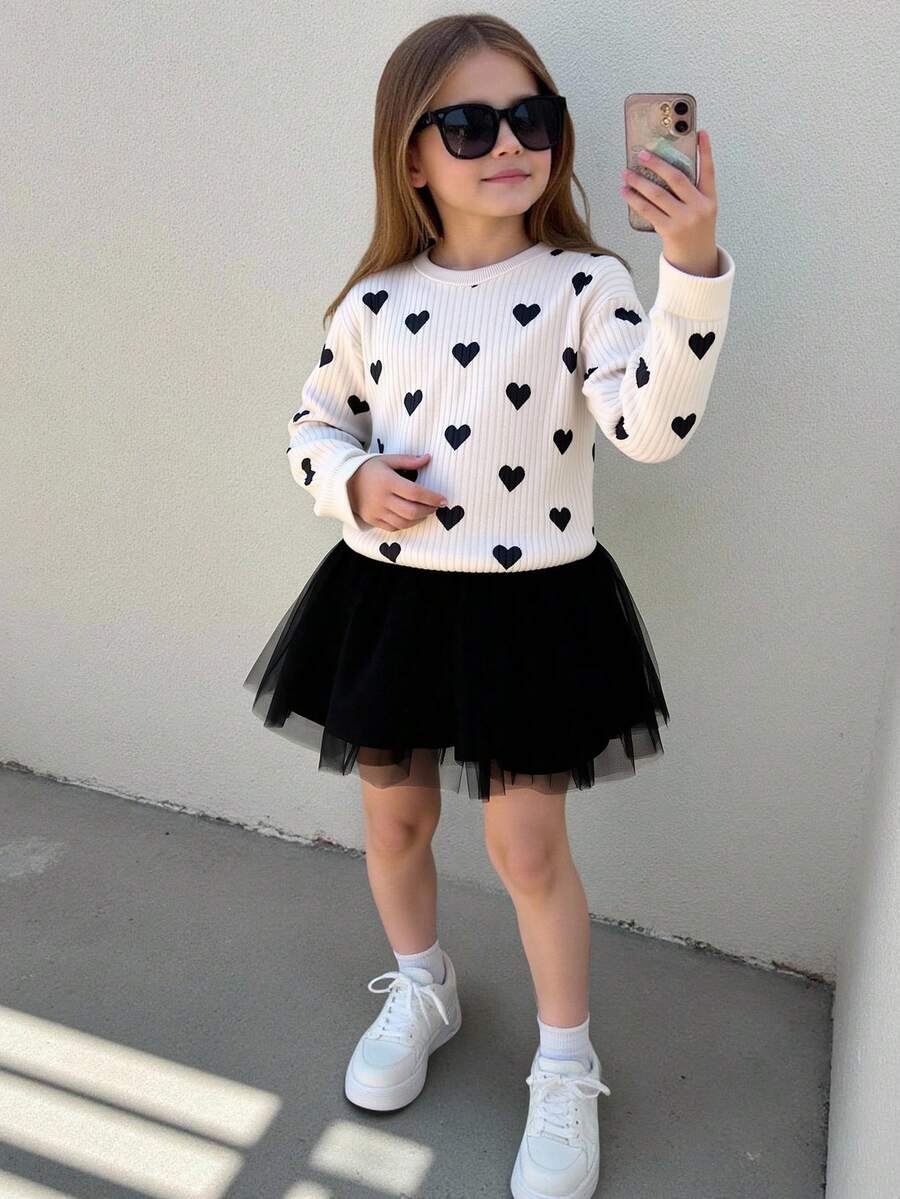 Elladie kids 2件組少女長袖衛衣與網紗裙套裝,杏色愛心印花羅紋上衣搭配黑色網紗裙,夏季校園返校穿搭 - 杏色 - 查看 1
