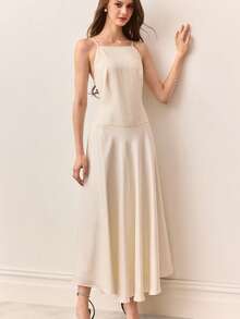 Aveloria Rosie Women's Solid Color Casual Vacation Satin Patchwork Design Spaghetti Strap Dress - Beige - View 6