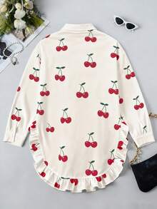 Vionelle 大码女式樱桃印花弧形下摆荷叶边长袖衬衫，情人节樱桃图案女式樱桃 - 紅白色 - 查看 2