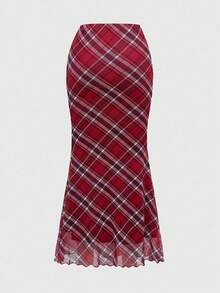 ROMWE Grunge Punk 2 件 Y2K 复古格纹抹胸和格纹低腰鱼尾裙套装 - 紅色 - 查看 7