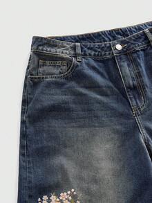 ROMWE MEN Street Life Men's Casual Washed Dragon Pattern Tiger Embroidery Wide Leg Jeans - Blue - View 10