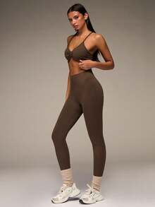 SHEIN BAE Women's Plain Backless Halter-Neck Top And Sports Leggings Set Workout Women Sets - Coffee Brown - View 8