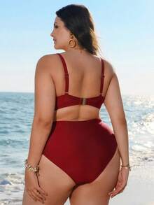 Swim Lushoire Bộ bikini hai mảnh màu đỏ rượu vang trơn dành cho nữ cỡ lớn, thời trang đi nghỉ mát, mặc hàng ngày, kiểu dáng thường ngày, có gọng nâng ngực và dây đeo điều chỉnh được, cạp cao, kiểu tam giác. - Màu Đỏ Sâu - Xem 2