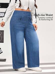 Flexra Plus Size Women Casual Everyday Commute Simple Versatile Elastic Waist Loose Wide Leg Jeans - Medium Wash - View 3