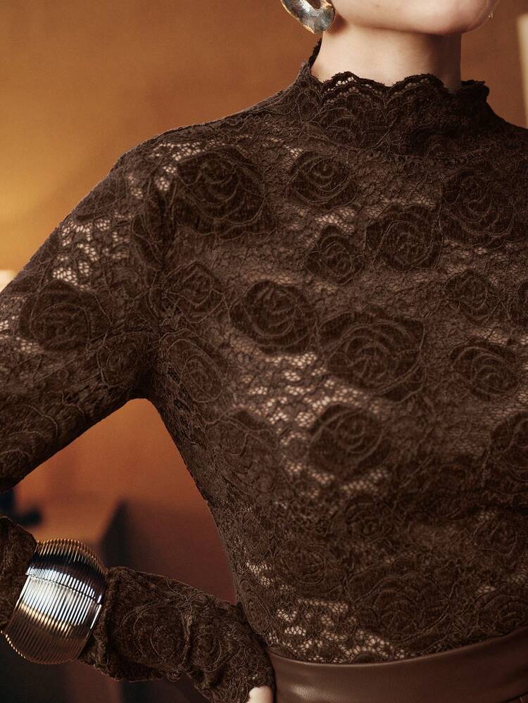 여성 캐주얼 할로우 로즈 레이스 러플 헴 피티드 터틀넥 탑, 겨울, 봄, 새해, 크리스마스, 발렌타인 데이, 직장, 추수감사절, 축제, 파티, 결혼식, 시크, 스타일리시, 포멀에 적합