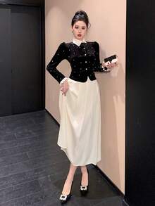 DAZY 女士优雅仿珍珠装饰长袖衬衫和百褶裙套装 - 黑色 - 查看 4