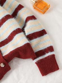 女童圆领长袖针织开衫，简约撞色设计，优雅针织毛衣，休闲保暖，适合日常穿着，冬季新款 - 紅色 - 查看 4