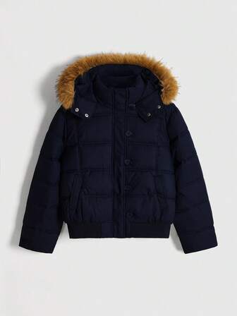 Veste courte vintage pour déplacements quotidiens pour femmes, manteau matelassé avec col épais en fourrure et capuche, bleu marine, hiver