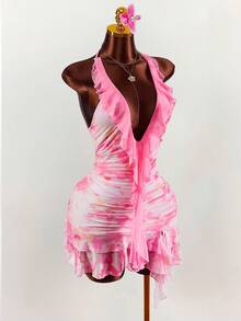 Amplova Vestido mini con escote en V profundo, volantes, lazo y estampado floral con volante en el bajo - Rosa - Ver 4