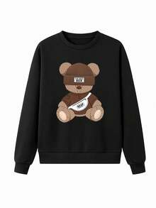 SHEIN LUNE Damen Cartoon Bär Muster Langarm Lässig Rundhals Sweatshirt - Schwarz - Übersicht 3