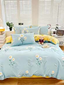 Joivida 3pcs/Set Blue Floral Printed Korean Style Countryside Style Bedding Set, Made Of Soft Aloe With Brushed Texture, Including 1 Duvet Cover And 2 Pillowcases, Multiple Sizes Available, Filling Not Included - Blue and White - View 12