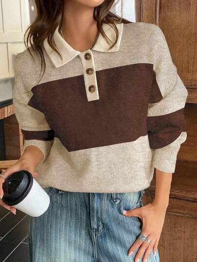 Livesso Suéter feminino casual solto listrado com decote em V, outono