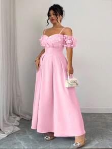 Elenzga 大码缀饰细肩带心形领口蝴蝶3D花朵收腰短袖A字连衣裙，紫色和薰衣草色，优雅法式风格 - 粉色 - 查看 3