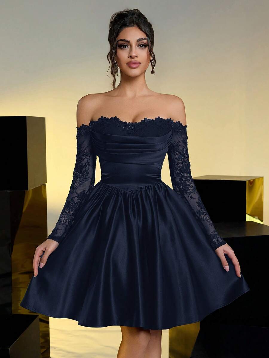 Lovelzi 优雅奢华黑色露肩薄纱长袖蕾丝拼接缎面褶皱长裙，适合婚礼、派对、度假、舞会、短款正式礼服（厚实耐用） - 藏蓝色 - 查看 1