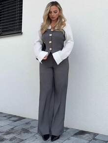 Jeta Ari Casual And Elegant Apricot Imitation Linen Patchwork Shirt And Loose Straight Suit Pants Two Pieces Suit For Women / Fall Women Clothes / Commuting Wear / Teacher Clothing / Back To School Season / Old Money / Business Casual Woman / Office Attire For Women - Grey - View 6