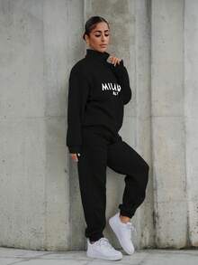 SAYEHFBABY MILANO Damen Lässig Buchstaben Muster Stehkragen Reißverschluss Halb-Reißverschluss Loose Langarm Fleece Sweatshirt und Hose Set, geeignet für Herbst/Winter Ausflüge, modisches Matching - Schwarz - Übersicht 6