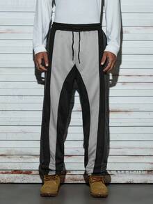 Modcrash Pantaloni largi pentru bărbați, cu model patchwork, în culori contrastante, cu șnur, pentru toamnă, primăvară și vară - Gri inchis - Vizualizare 1
