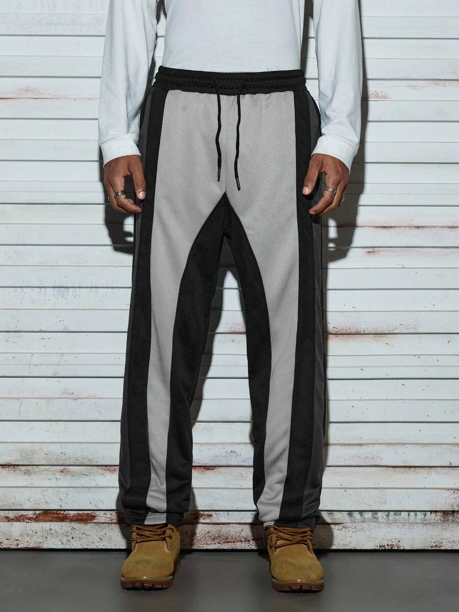 Modcrash Pantaloni largi pentru bărbați, cu model patchwork, în culori contrastante, cu șnur, pentru toamnă, primăvară și vară - Gri inchis - Vizualizare 1