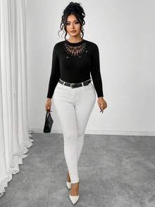 SHEIN Elenzya Plus Date Night Mesh Patchwork Rhinestone Embellished Knit Sweater, Accentuates Sexy - Black - View 5