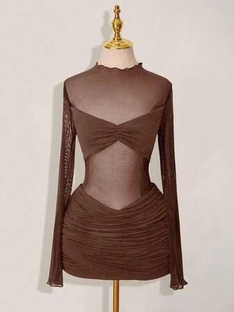 SHEIN ICON Mesh Patchwork Sheer Ruched Long Sleeve Mini Dress,Dresses For Women Party