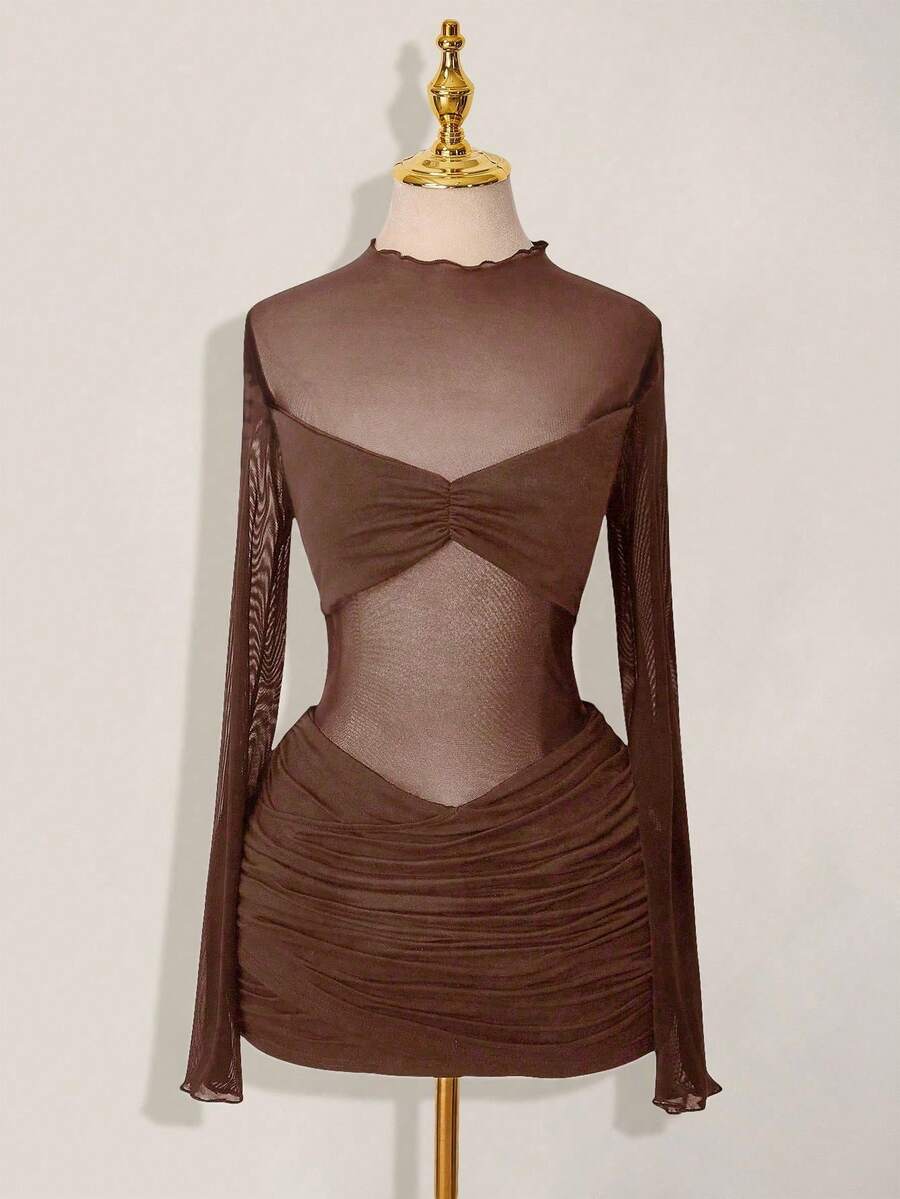 SHEIN ICON Mesh Patchwork Sheer Ruched Long Sleeve Mini Dress,Dresses For Women Party - Brown - View 1