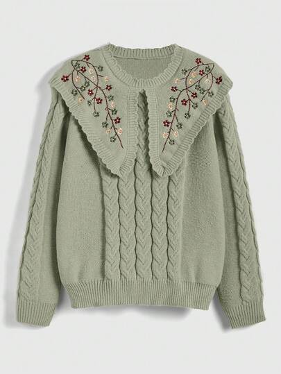 Fairycore Pull ample en tricot à manches longues avec broderie florale pour femmes