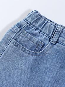 SHEIN ChillGRL Quần denim liền thân có túi và họa tiết thỏ dành cho bé gái tuổi teen, quần dài thường ngày phong cách đường phố cổ điển, dáng rộng thoải mái, cạp chun co giãn thoải mái, thích hợp mặc hàng ngày, đi học, đi nghỉ, đi chơi - Rửa trung bình - Xem 4