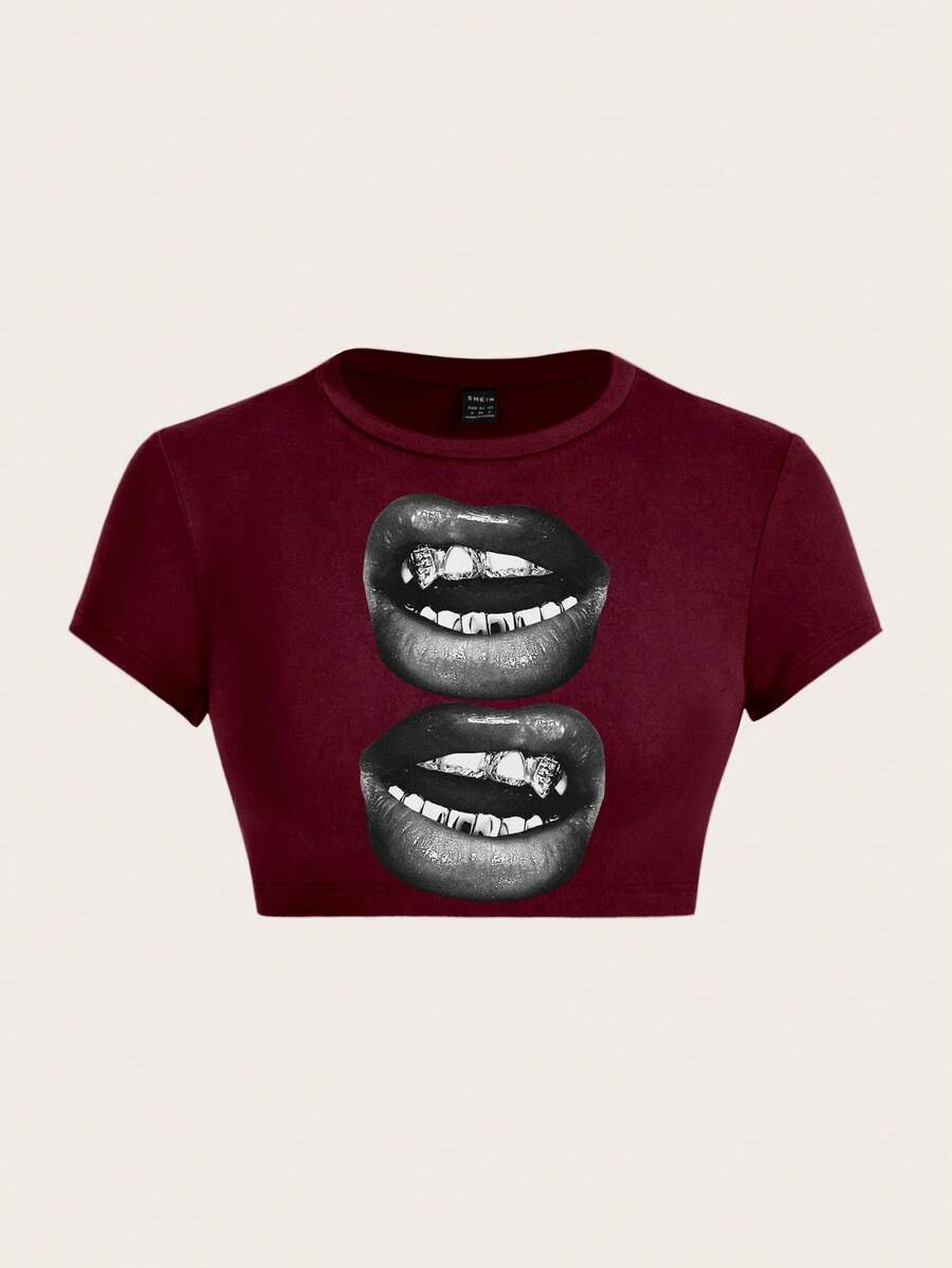 SHEIN ICON Lässiges, simples schwarzes Lippen-Muster Rundhals Kurzarm Crop Top für Damen, Sommer Rückkehr zur Schule Kleidung