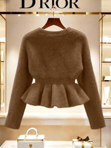 Franclia New Autumn/Winter Gentle Lady Style Waist Ruffle Trim Sweater - Brown - View 2