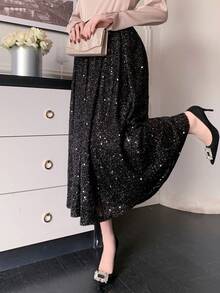 DAZY Damen Pailletten Patchwork einfarbiger eleganter glamouröser Rock für Silvester - Schwarz - Übersicht 2