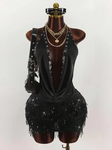 Amplova 女式纯色低胸亮片流苏下摆性感露背迷你连衣裙 - 黑色 - 查看 3