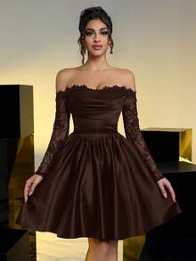 Lovelzi 优雅奢华黑色露肩薄纱蕾丝拼接缎面长裙，适合婚礼、派对、度假、舞会、短款正式礼服（装饰繁复）、情人节等场合。 - 咖啡棕 - 查看 1