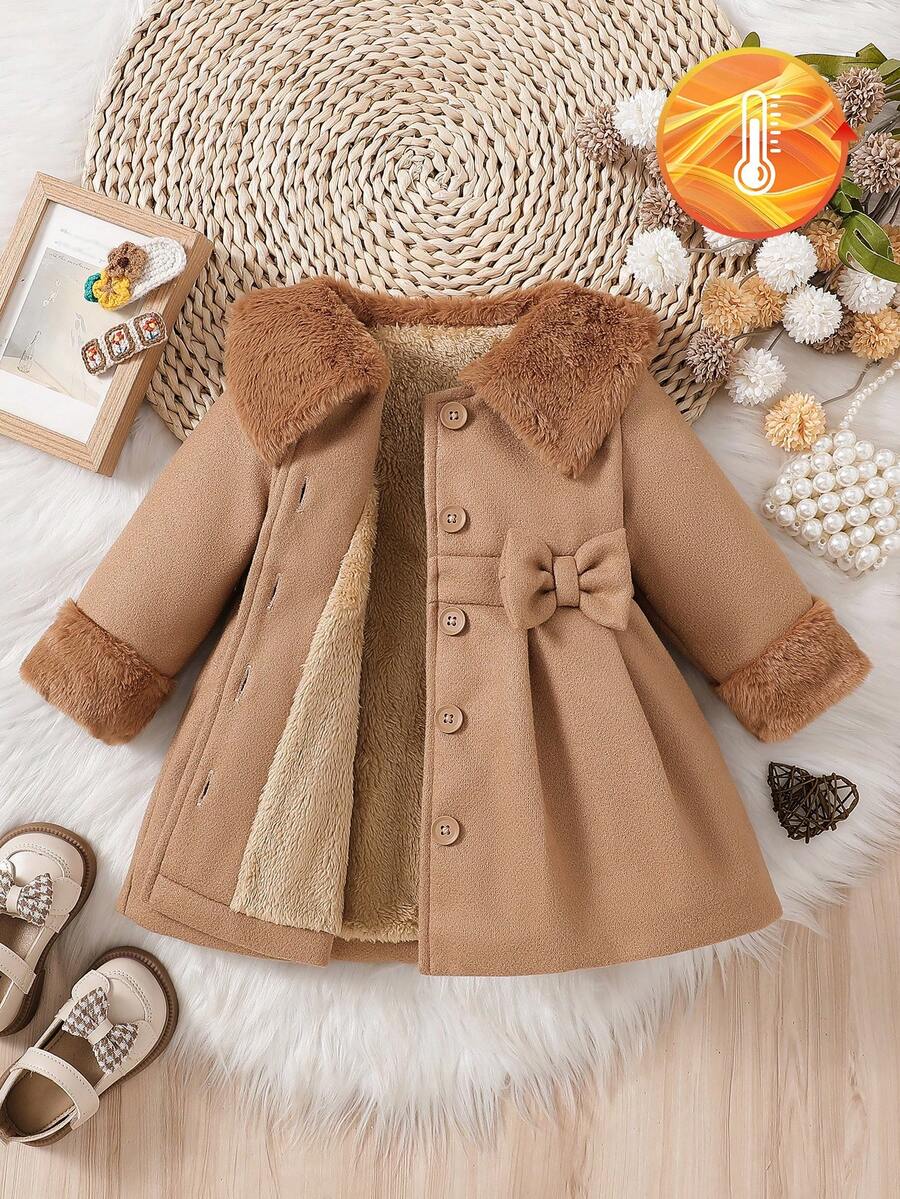 Souflis Souflis Baby Girls' Solid Color Fluffy Lapel 3D Bow Wool Blend Dress Coat. The Collar And Cuffs Are Made Of Fluffy Fabric, Fashionable And Generous; The Solid Color Buttons On The Placket Are Simple And High-End; The 3D Bow At The Waist Is Cute - Brown - View 1