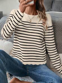 Chiquease 女士时尚条纹圆领长袖毛衣，秋冬季 - 杏色 - 查看 6