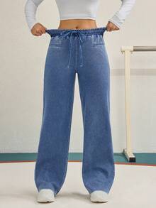 Flexra Jeans rectos de pierna holgados, versátiles y casuales con cintura con cordón para mujer - Azul - Ver 6